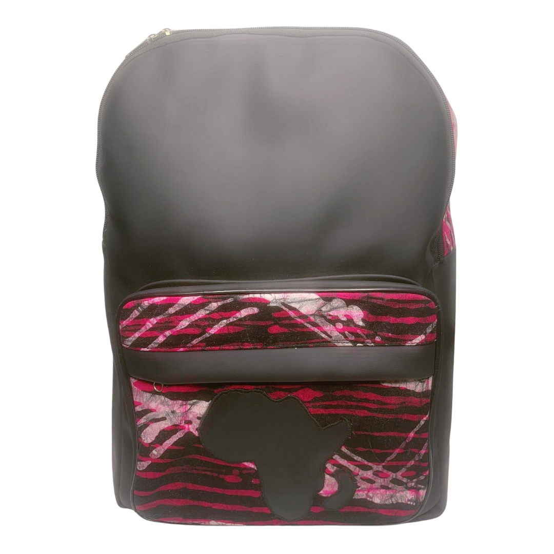 Black & Purple Ankara Print Leather Backpack w/ Africa Shape