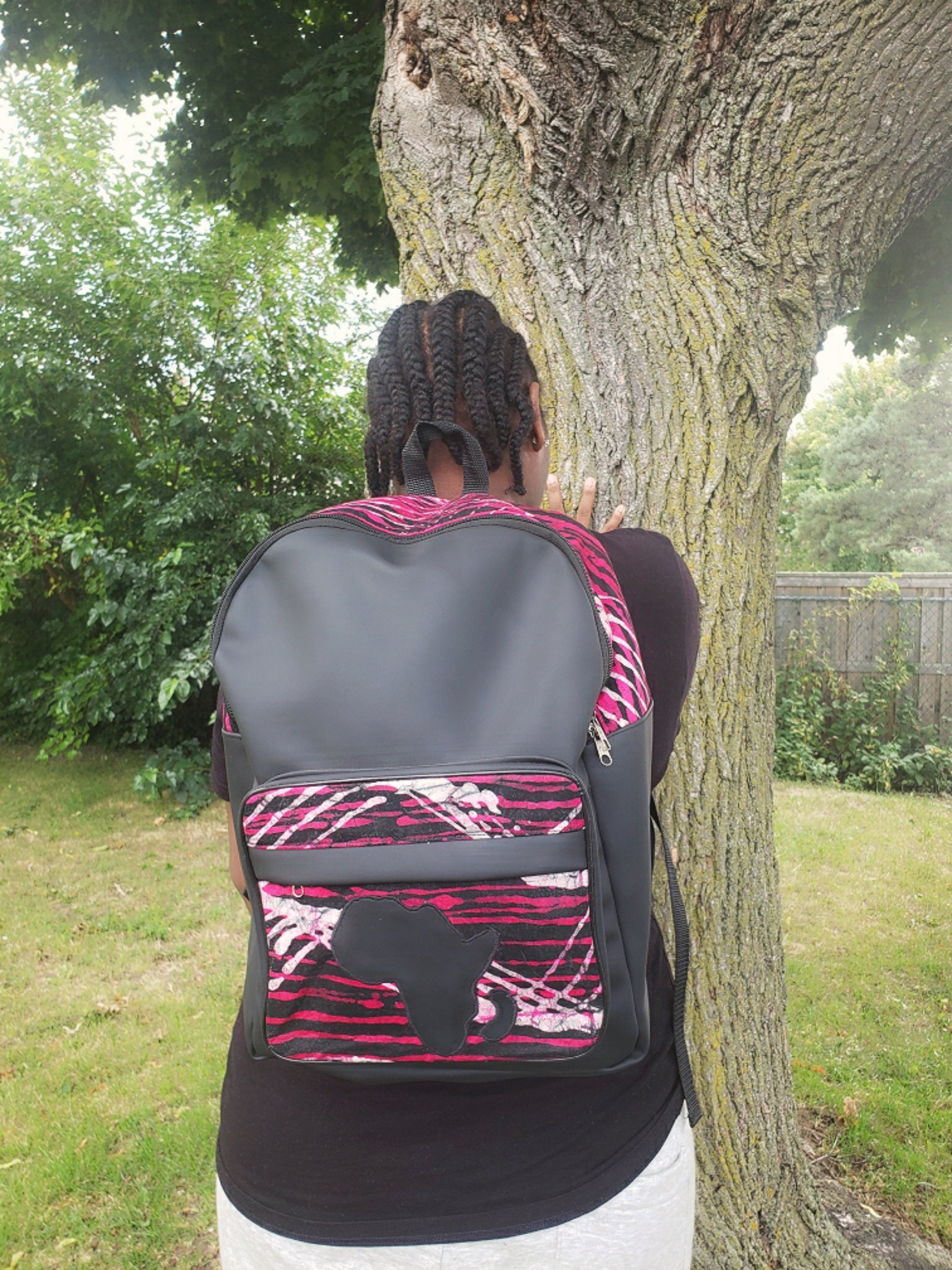 Black & Purple Ankara Print Leather Backpack w/ Africa Shape