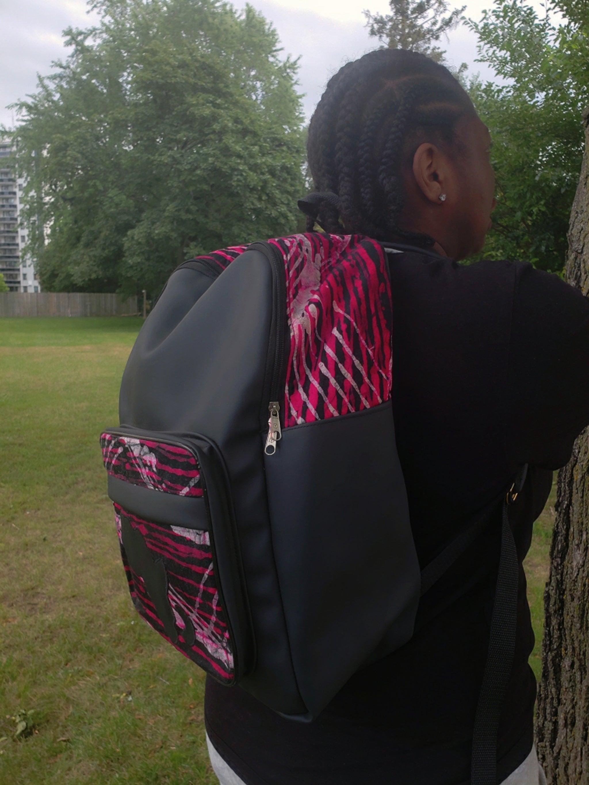 Black & Purple Ankara Print Leather Backpack w/ Africa Shape