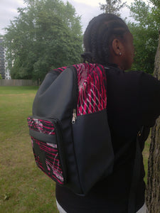 Black & Purple Ankara Print Leather Backpack w/ Africa Shape